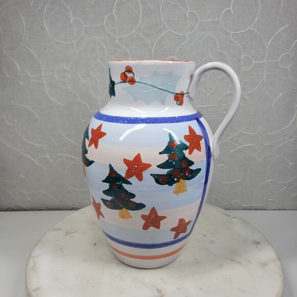 Pier 1 Italian Ceramic Pitcher Hand Painted Christmas Trees Floral Stars - Picture 13 of 15